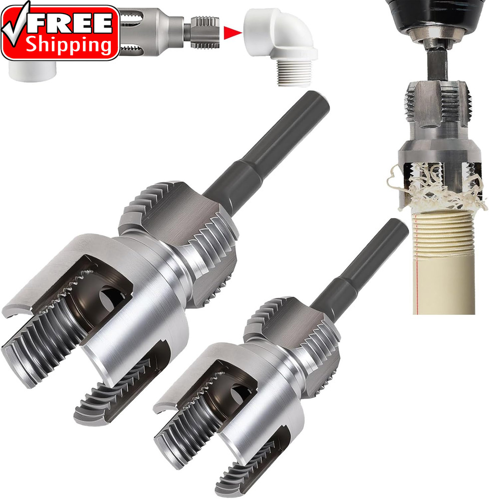 PVC Pipe Threader Kit, 3 Piece Set, 1/2&Prime; 3/4&Prime; NPT Sizes, Dual-Function Internal
