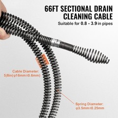 VEVOR Sectional Drain Cleaning Cable 66FTx5/8In & 7 Cutters for 0.8&Prime;-3.9&Prime; Pipes