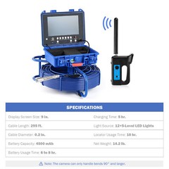 9&Prime; Self-Leveling Sewer Camera w 295ft/90m Cable Digital Length Counter for Drain