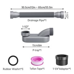 Low Profile Flexible Bathtub Shower Drain Pipe Kit &ndash; Flat P Trap for Gray