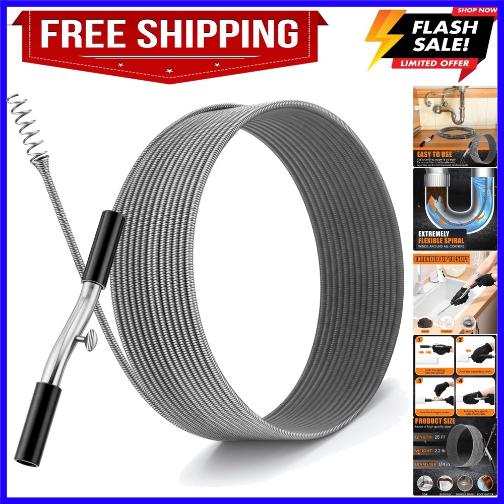 50 ft Drain Auger Plumbing Snake for Heavy Deep Blockages 1/4&Prime; Diameter Flexi&hellip;