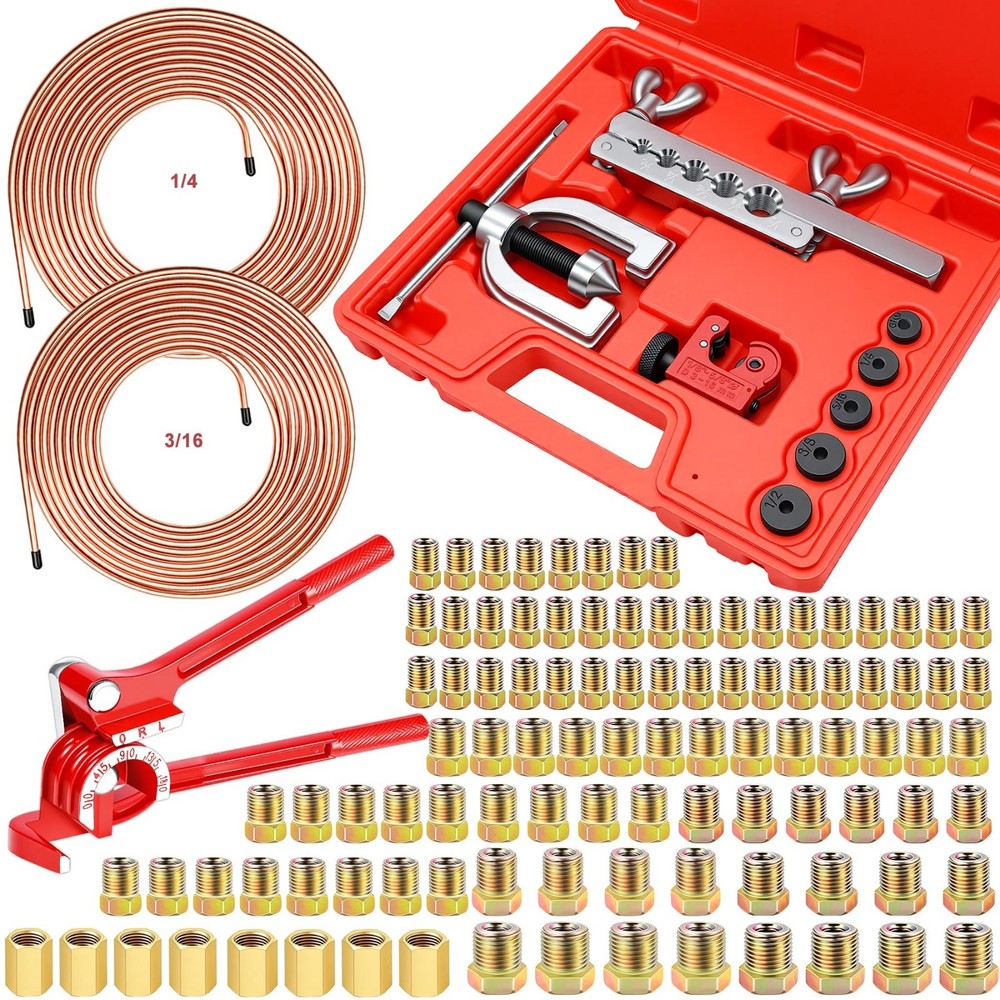 Brake Line Flaring Tool Kit &ndash; 3/16&Prime; & 1/4&Prime; with 25FT Copper Brake Line, 94pcs Fi