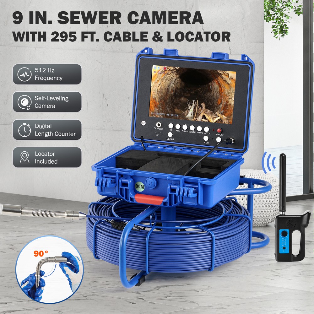 9&Prime; Self-Leveling Sewer Camera w 512Hz Locator 295ft/90m Meter Counter 720P 32GB