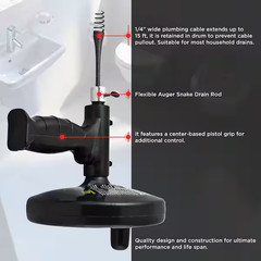 15 Ft. Drum Auger Steel Plumbing Drain Snake with Drain Cleaning Cable
