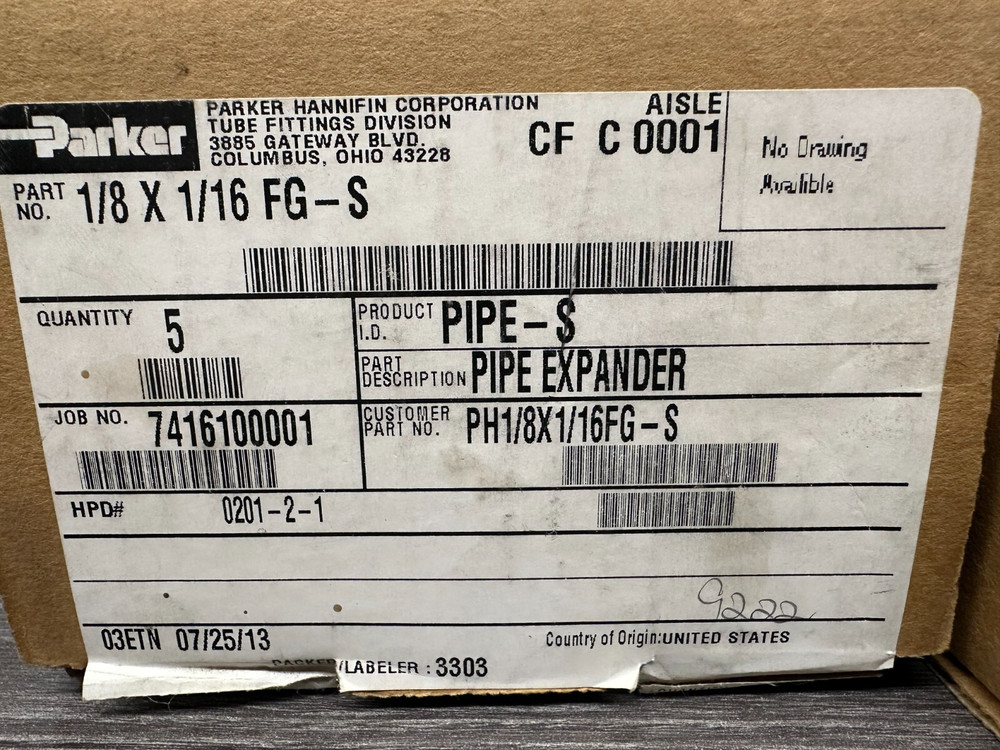 (QUANTITY 5 PER BOX) PARKER 1/8 X 1/16 FG-S PIPE EXPANDER ADAPTER