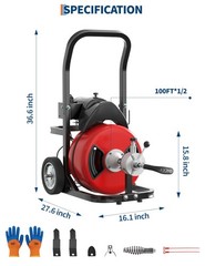 Wheeled Portable Electric Drain Cleaning Machine Rated 370W Comes With 100FT x 1