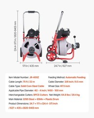 Portable Drain Auger: 75FT Steel Cable, Wheels, Foot Switch