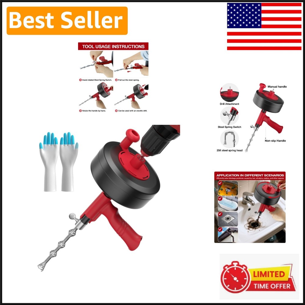 Drill-Compatible 35ft Heavy-Duty Plumbing Snake &ndash; Fast & Easy Clog Removal Tool