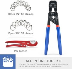Multi-Function Ratchet PEX Cinch Tool & Pipe Cutter with 30 Clamps &ndash; All-in-One