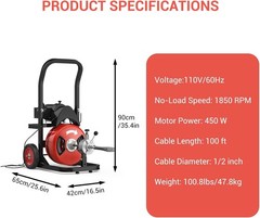 100FTx1/2In 1850 RPM Drain Cleaner Machine Auger Cleaning Auto Feed with Wheels
