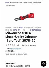 Milwaukee M18 6TLinear Utility Crimper 2978-20