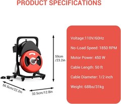 50FT x 1/2&Prime; Electric Drain Auger Machine Cleaner for 2&Prime;-4&Prime; Sewer Pipes