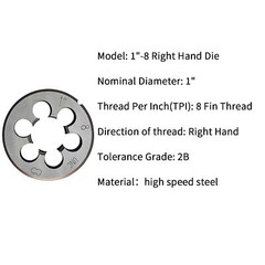 Die 1&Prime;-8 UNC Right Hand HSS Thread 8 TPI Grade 2B High Speed Steel Threading