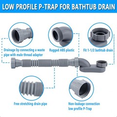 Low Profile 1 1/2 P Trap, Flexible Bathtub Shower Drain 1.5 inches, Gray