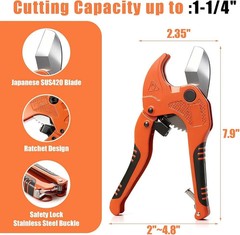 One-Hand PVC PEX Pipe Cutter Ratchet V-Blade SUS420 Cuts to 1-1/4&Prime; for Plumbing