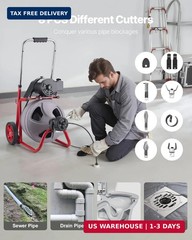 VEVOR Drain Cleaner Machine 75 FT x 3/8 Inch, Auto Feed Sewer Snake Drain Auger