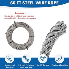 Wire Rope Crimping Tool, 1/16IN 66FT Stainless Steel Wire Rope Kit up to 2.2mm w