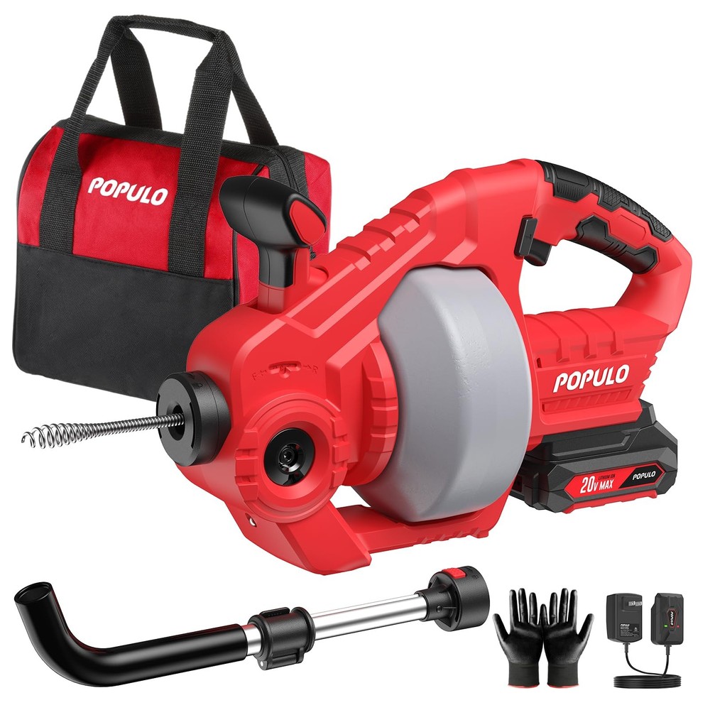 POPULO Electric Drain Snake, 25Ft 2.0Ah Battery, Extension Tube & Charger,