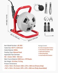 Drain Cleaner Machine 50 FT X 5/16 Inch, Sewer Snake Auger with 228RPM Electric
