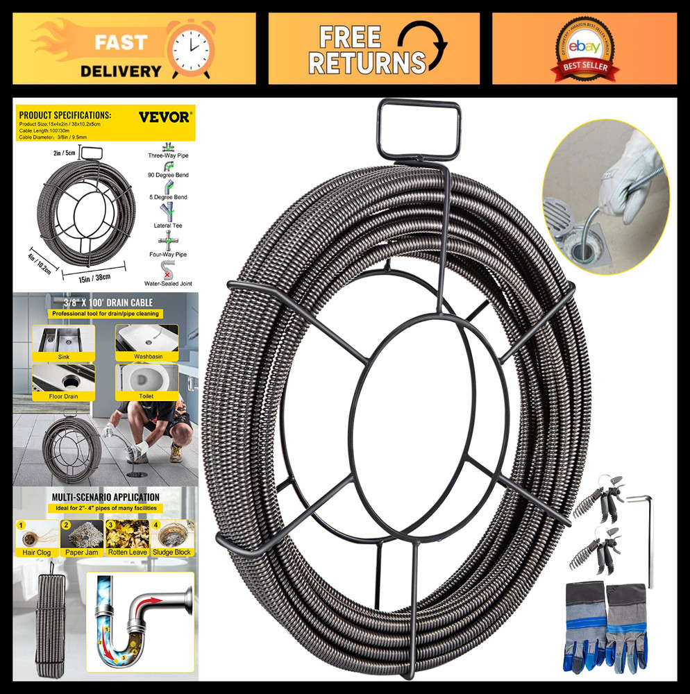 100FT Drain Cleaning Cable 3/8&Prime; Solid Steel Sewer Auger with 4 Cutters for Pipes
