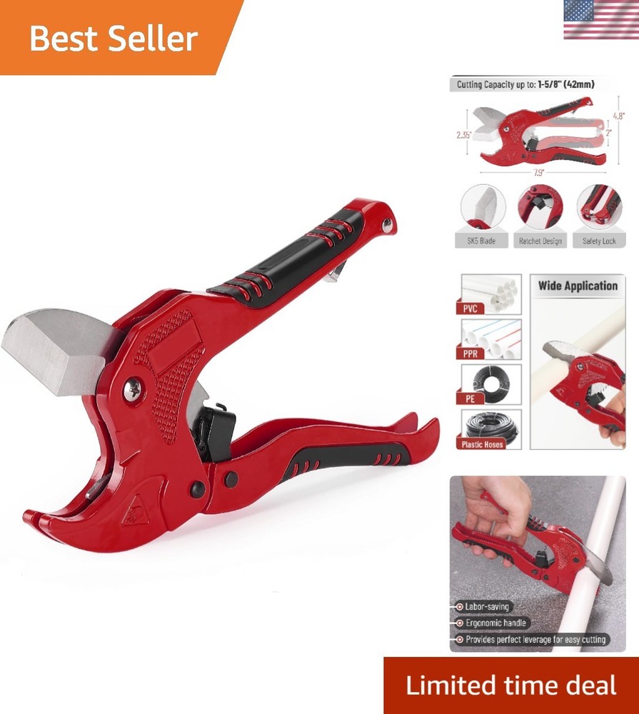 Bates PVC Pipe Cutter &ndash; Cuts Up to 1-5/8&rdquo;, Red Ratcheting Tool for Easy Handling