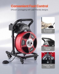 Drain Auger w/50FT 1/2&Prime; Solid Core Cable, Foot Control, 4 Cutters, Metal Drum