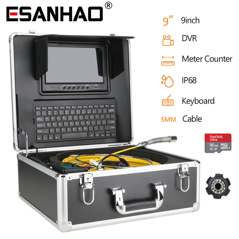 1000TVL 20M Sewer Inspection Camera DVR Meter Counter Keyboard Input 9&Prime; Monitor