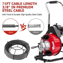 Drain Cleaner Machine 75FT x 3/8 Inch Sewer Snake Auger for 1 to 4 Inch Pipes