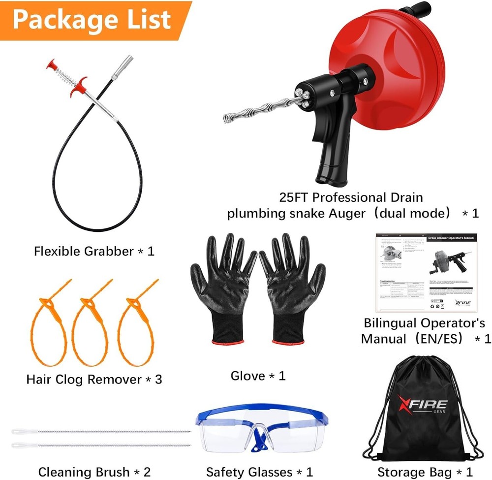 10-In-1 Drain Clog Kit 25FT Drain Auger Snake Tool Plumbing Grabber Hair Remover