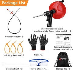 10-In-1 Drain Clog Kit 25FT Drain Auger Snake Tool Plumbing Grabber Hair Remover