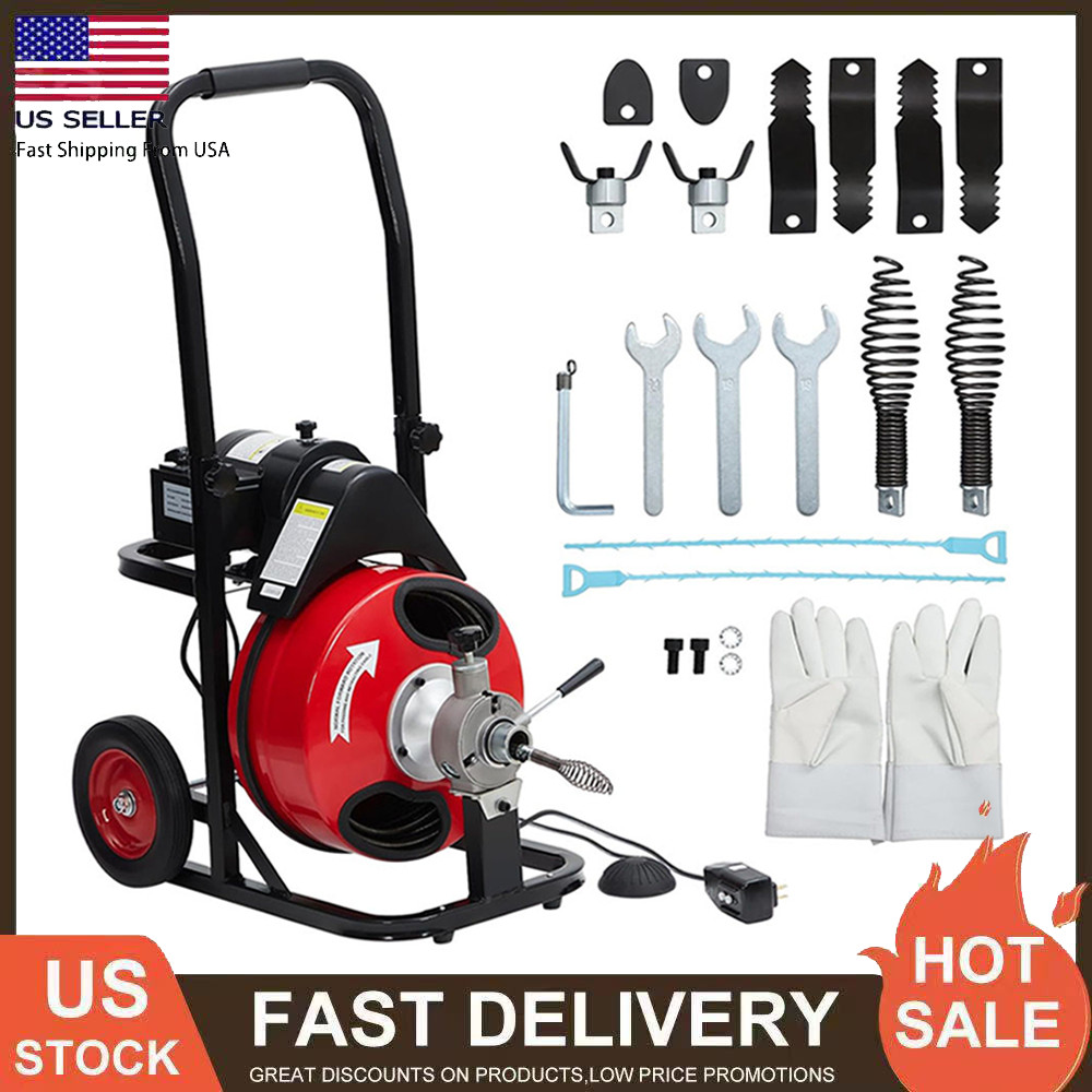 75FT x 1/2 Inch Drain Cleaner Machine 370W Electric Sewer Snake Auger w/ Cutters
