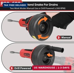 Drain Auger, 16.4FT Plumbing Snake Drain Clog Remover, Manual & Drill Powered Dr