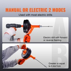 VEVOR Drain Clean 25ft 1/4&Prime; Drum Plumbing Drain Snake Clog Remover Manual-feed