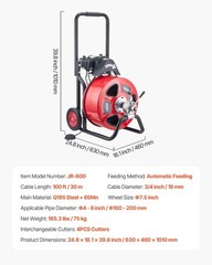 Auto-Feed Drain Auger: 100ft Steel Cable, 1700RPM, Foot Switch, 4 Cutters