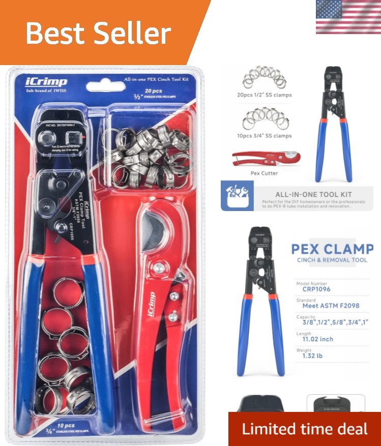 Precision PEX Cinch Tool with Ratchet Handle &ndash; 30 Clamps & Pipe Cutter Set