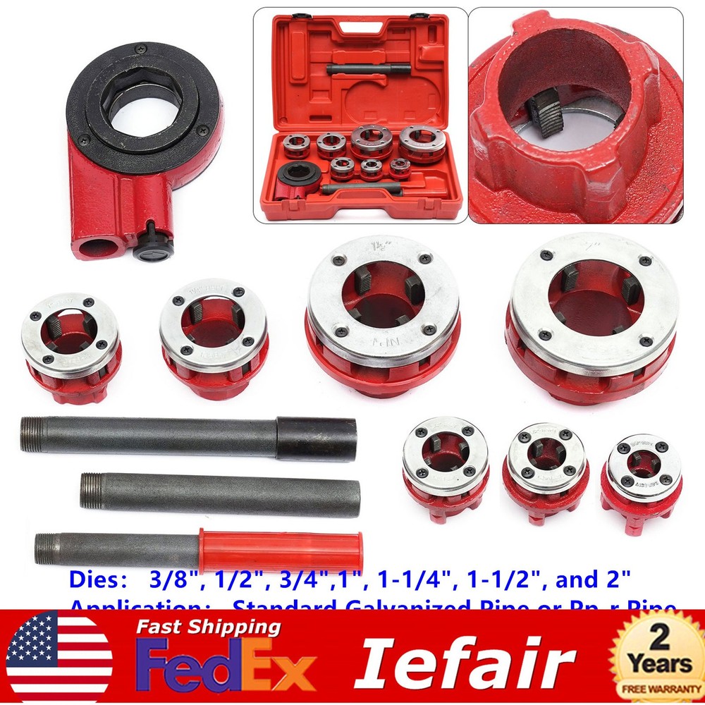 7 Size(3/8&rdquo;-2&Prime;)Dies Hand Ratchet Pipe Threader Set Plumbing Reversing Knob Tool