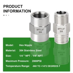 TAISHER 4PCS 304 Stainless Steel Pipe Fitting, Hex Nipple, 1/4&Prime; NPT, Silver