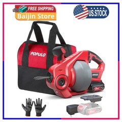 Populo 20V Cordless Electric Drain Auger 25ft Auto-Feed Snake with Battery Kit