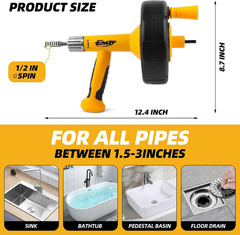 Drain Augers, Clog Remover with Drill Adapter, 25 Feet Heavy Duty Flexible Plumb