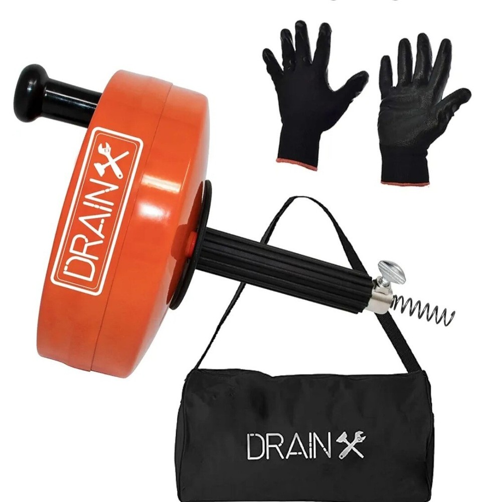 DrainX&reg; Heavy-Duty-Steel Pro Drum Drain Auger, 25 Ft., with Work Gloves and Carr