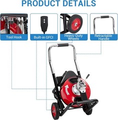 75Ft x 3/8Inch Electric Drain Auger Electric Drain Cleaning Machine Auto Feed
