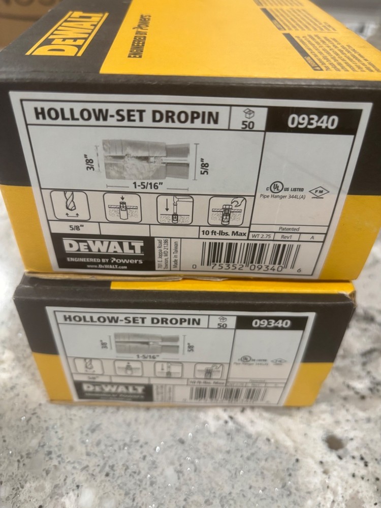 2- box of 50 DEWALT 09340-PWR HOLLOW-SET DROPIN 3/8