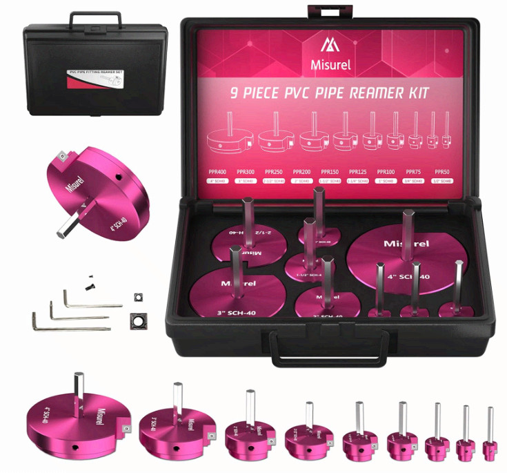 9 Pcs PVC Pipe Reamer Kit, 1/2&Prime;-4&Prime;, 2 Carbide Inserts, SCH40 Plumbing Tools