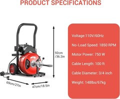750w Auto-Feed Drain Snake 100Ft 3/4&Prime; Cable W/ Air Foot Switch for Large Pipes