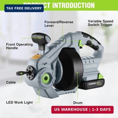 WORKPRO 20V Electric Drain Auger, 25Ft Plumbing Snake Drain Hair Removal Tool Se