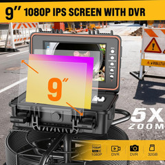 100Ft Self-Leveling Sewer Camera with HD Screen & 12 LED Lights, DVR Included