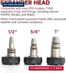 PEX-A Expander Tool Kit with 3 Self-Rotary Matte Nickel Plated Expansion Heads (