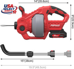 20V Cordless Electric Drain Snake 25Ft Cable with Battery & Charger
