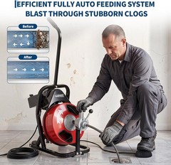 50FT 1/2in Auto Feed Sewer Snake Machine 250W Drain Cleaner 4 Cutters 2-4in Pipe