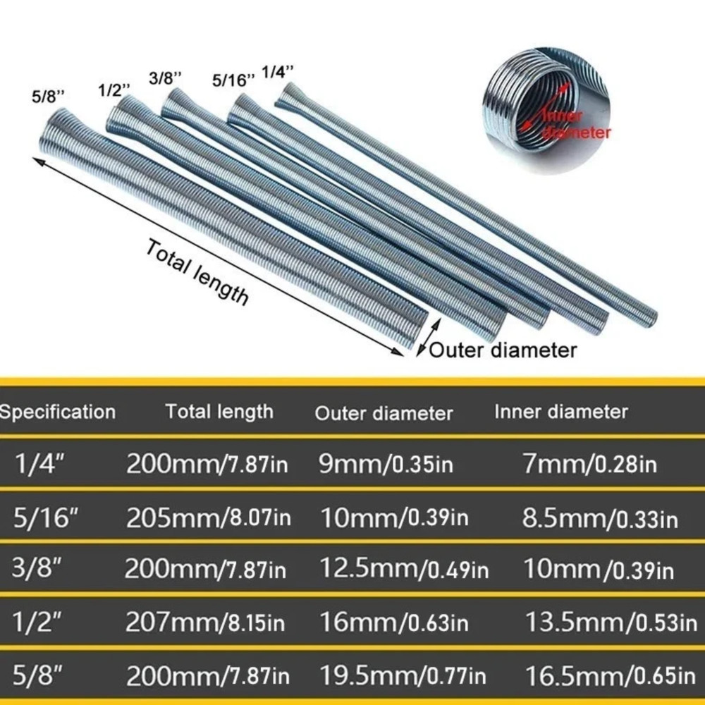 5pcs &asymp;21cm Spring Bending Tube Pipe Bender 1/4&Prime; 5/16&Prime; 3/8&Prime; 1/2&Prime; 5/8&Prime; Silver Set